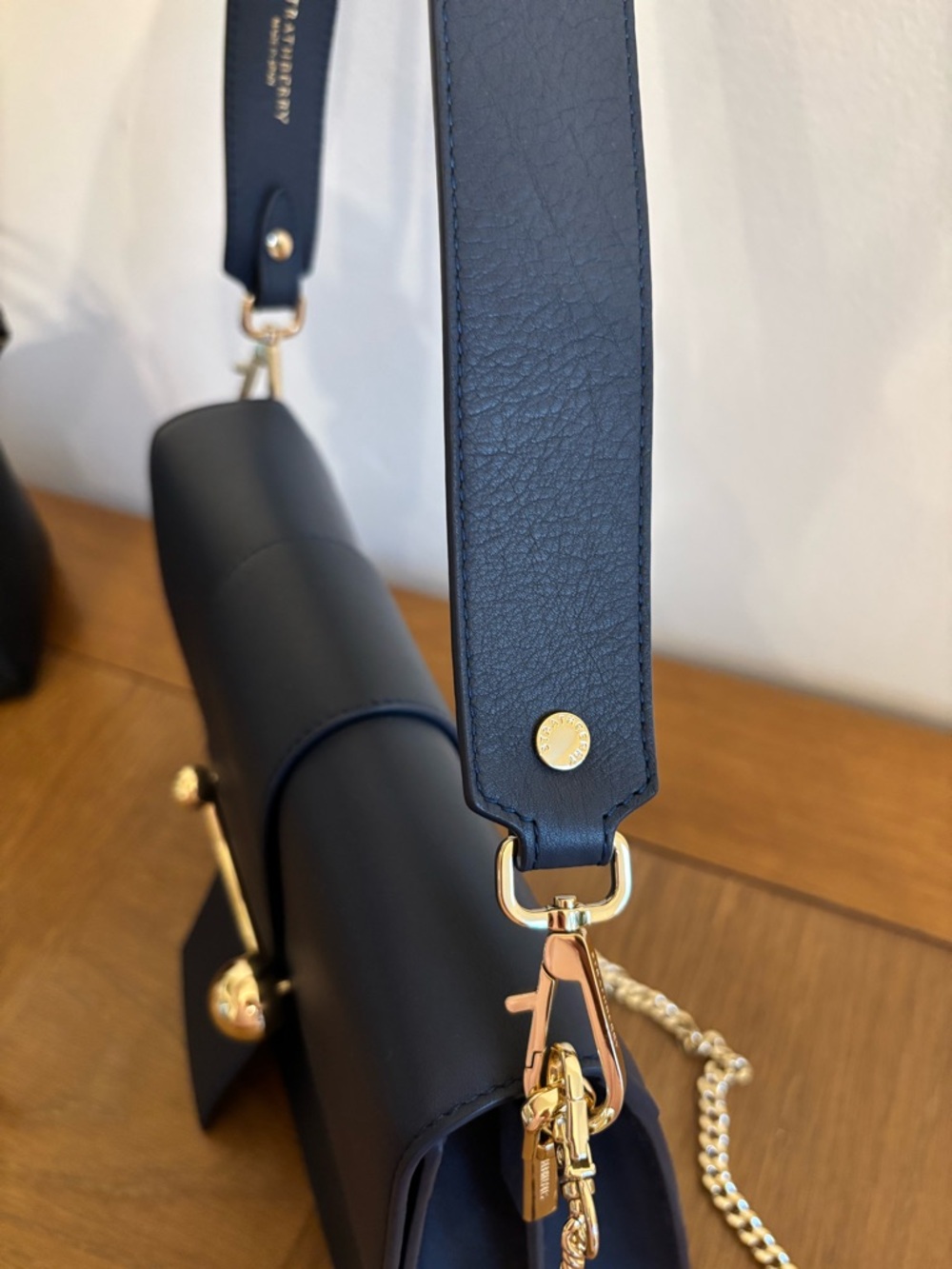 Strathberry Crescent Leather Shoulder Bag Navy Gold Hardware Crossbody - Picture 11 of 15